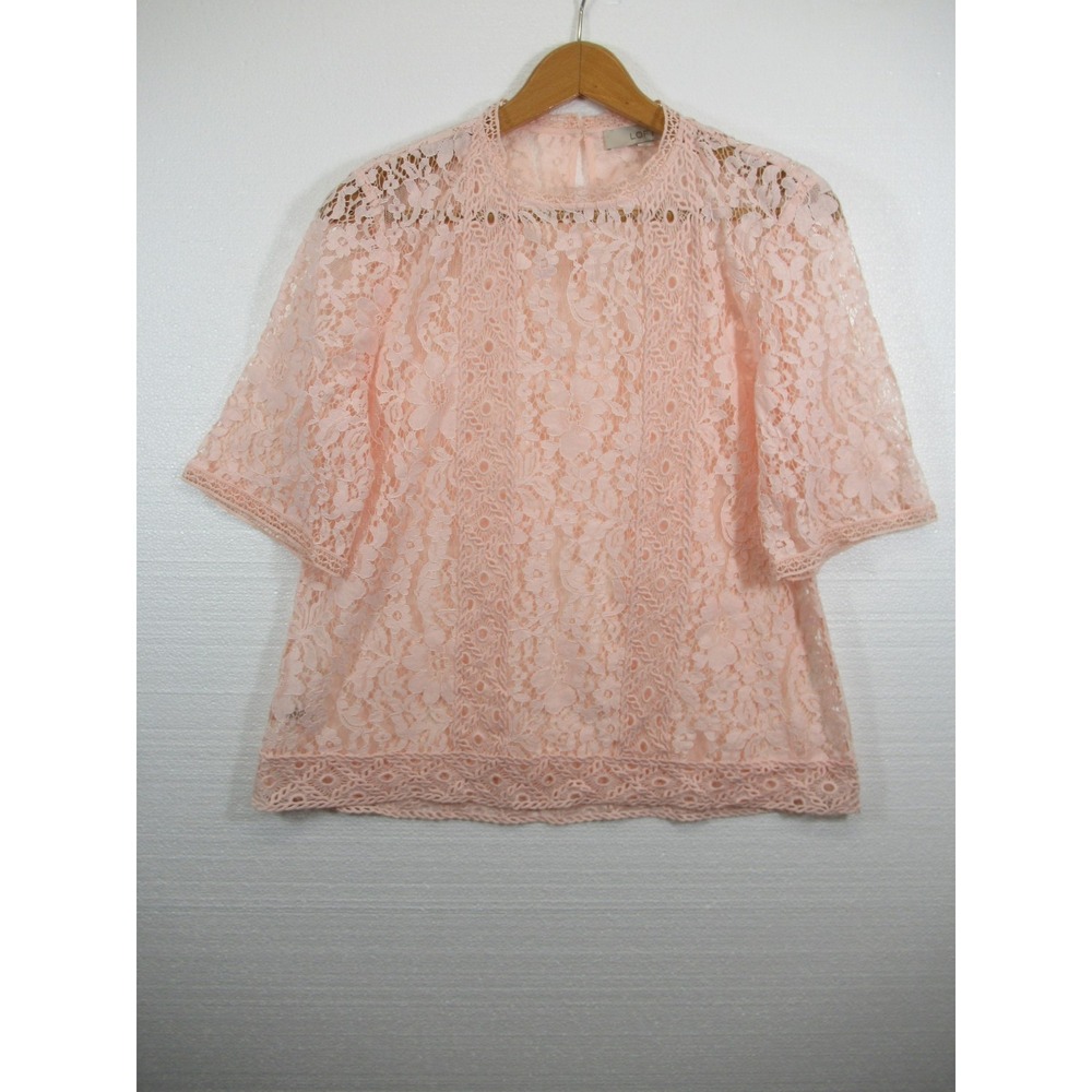 LOFT Sheer Lace Blouse Women Medium Pink Half Sleeve